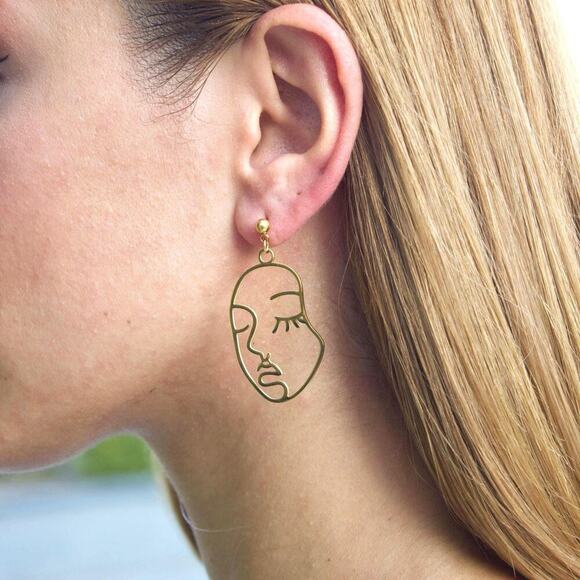 Abstract Face Earrings, Gold Stainless Steel Modern Art Hoops - Picture 4 of 5